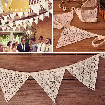 

5Pcs/lot 10 Flags Bunting Pennant Banner 2.4M Vintage White Cotton Lace For Wedding Holiday Party Decoration Supplies