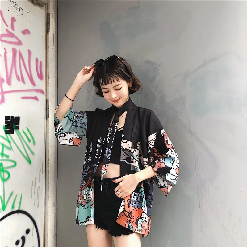 Женские топы лето Ulzzang Harajuku Kawaii Топ рубашка Японская уличная одежда блузка женская мода кимоно кардиган ZZ004