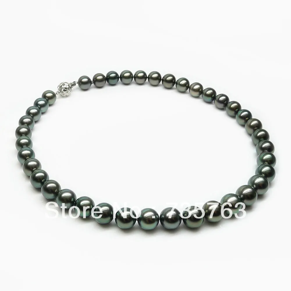 

HOT RARE!GREEN ROUND 10-10.9MM TAHITIAN PEARL NECKLACE 17.6INCH 14K