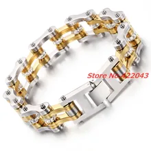 9″*20mm Silver Gold Stainless Steel Bike Bracelet Men With White CZ Stone Bicycle Motorcycle Chain Link Bracelets Rock Jewelry