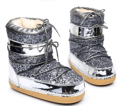 

3 color Winter sequins moon white snow boots Waterproof and keep warm Add wool Lace Up Genuine Leather Flat Ankle Boot
