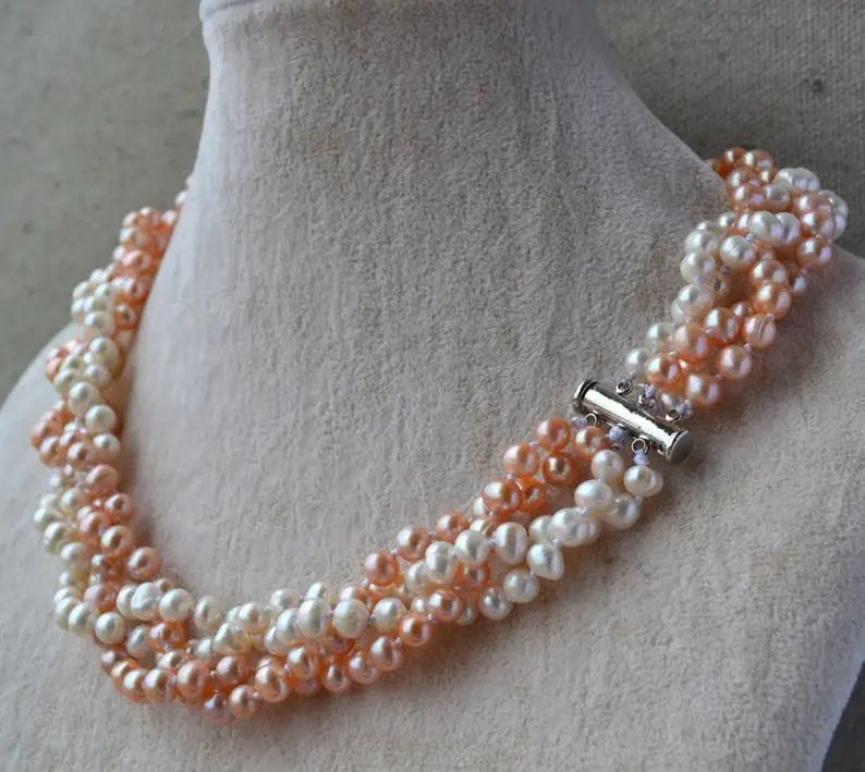 

Elegant Flower Girl Pearl Necklace,18inches 4rows 6-7mm White Pink Real Freshwater Pearl Necklace Perfect Wedding Party jewelry