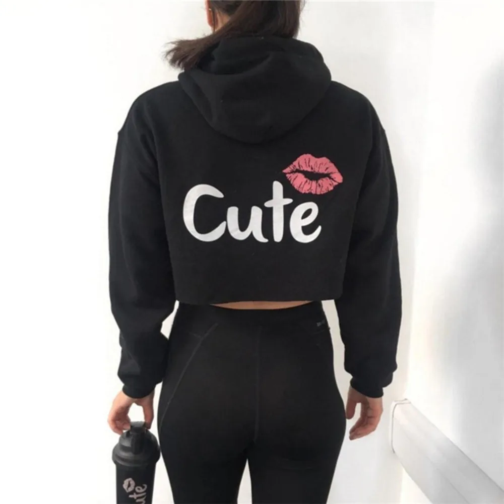 

Ladies Hoodies Sweatshirt Sexy Lips Printing Summer Women Short Tracksuit Gray Black Pink Cropped Hoodies Female Casual Pullover