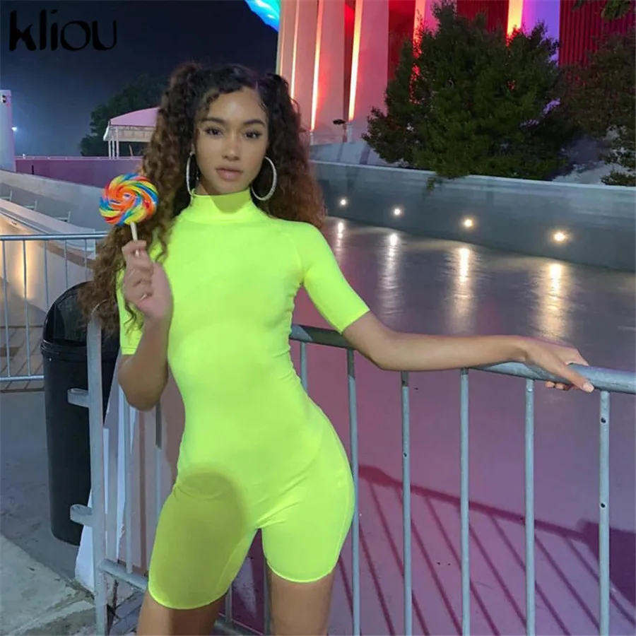 Kliou 2019 جديد وصول الصلبة الإسفار playsuits الربيع الصيف الياقة المدورة قصيرة الأكمام نحيل الإناث الأزياء الشارع ارتداءها