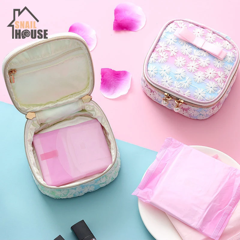 

Snailhouse Girl Heart Cute Mesh Embroidery Sanitary Napkin Coin Earrings Headset Multi-function Storage Bag Organizer