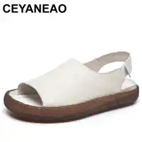 CEYANEAO2019 New Summer Genuine Leather Women Flats Sandals Casual Slip On Summer Shoes Woman Retro Female Sandals ShoesE1886