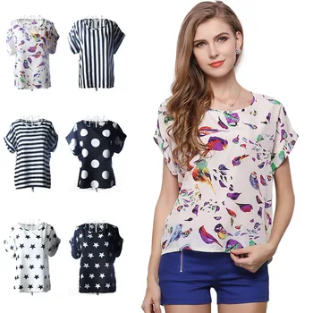 

Hot Summer Women Shirts Chiffon Printed Blouse Short Sleeve Tee Lady Girl Loose Casual Tops HD88