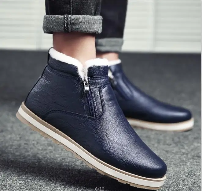 Зимние ботинки; однотонные мужские ботильоны; Повседневная плюшевая обувь; Мужская обувь из мягкой кожи; chaussure homme; размеры 39-44 - Цвет: Синий