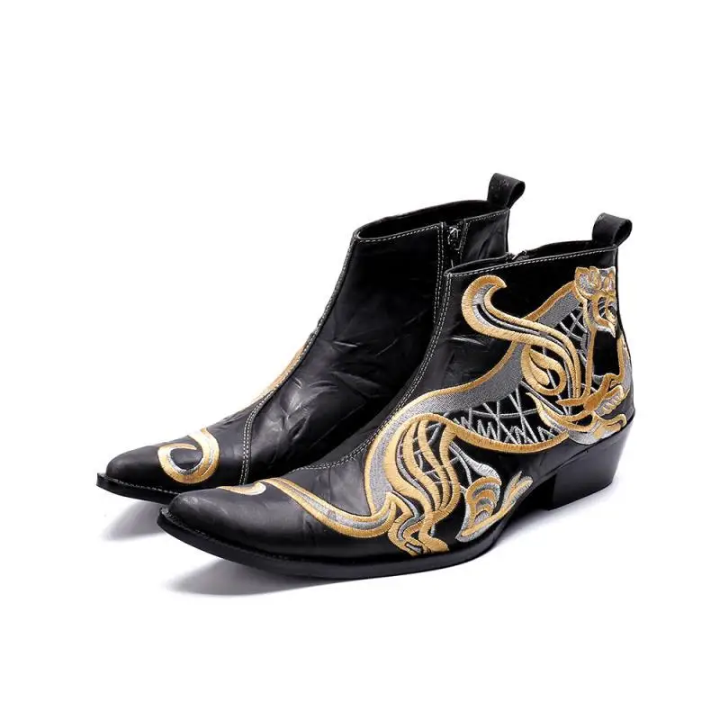 

Spring Autumn Men Dragon Embroidered Ankle Boots Pointed Toe Cowboy Boots Male Motorcycle Boots