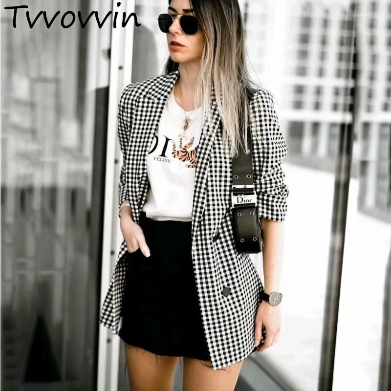 

TVVOVVIN Vogue Plaid Blazer Checkered Notched Collar Long Sleeve Back Split Pockets Elegant Female Office Wear Blazers Tops 9031