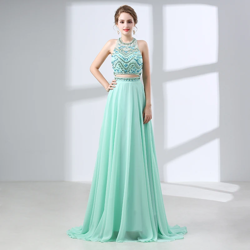 

Hot Mint Green Beaded Evening Dress 2018 Rhinestone Two Pieces Long Evening Gowns Formal Women Party Prom Gowns Vestido De Festa