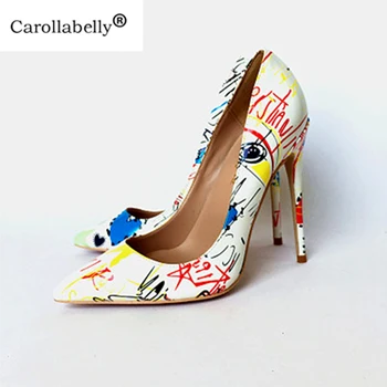 

Carollabelly 2019 New Women Graffiti Pumps Pointed Toe High Heels Patent Leather Sexy Stilettos Heel Party Wedding Shoes Women