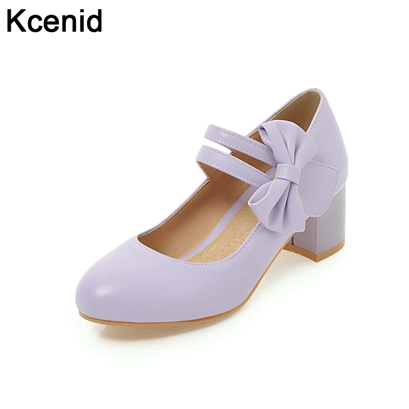 

Kcenid Spring new round toe sweet bowtie lolita shoes woman chunky med heels women pumps candy colors mary janes big size 33-47