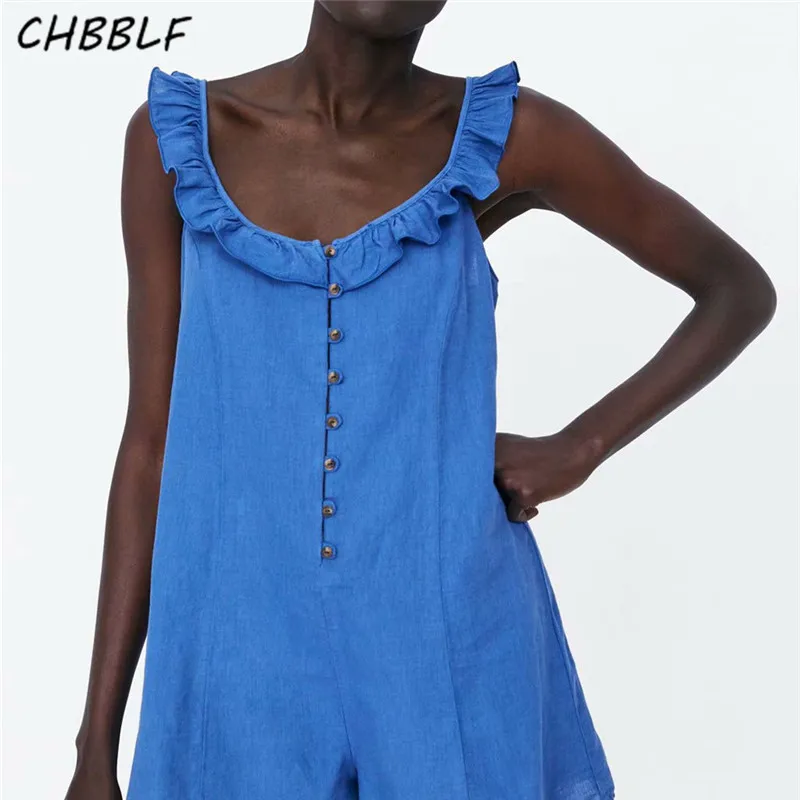 

CHBBLF women solid V neck playsuits ruffled single breasted design sleeveless female casual summer chic jumpsuits XDN8886