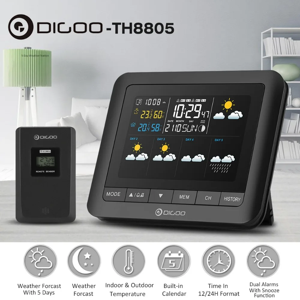 comprar Digoo DG TH8805 Sem Fio Estação Meteorológica Barométrica Tela Full Color Digital Higrômetro Umidade Relógio Termômetro com Sensor
