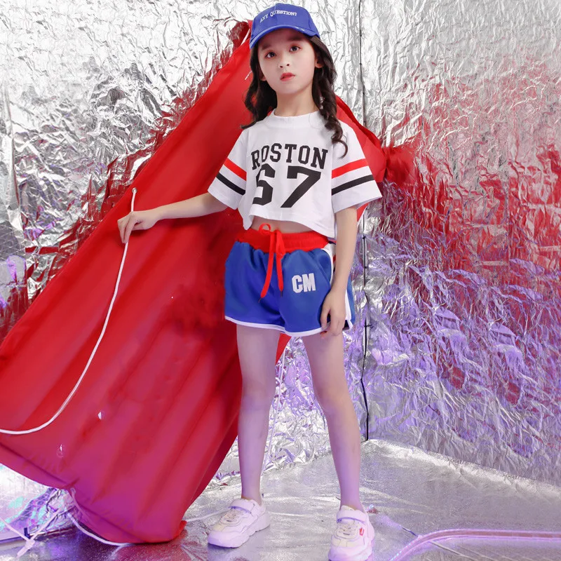 Children Girls Crop White top shorts Street Dance Costume Hip Hop Jazz Dance Clothing Set Stage Performance Dancewear 4-18 years (7)