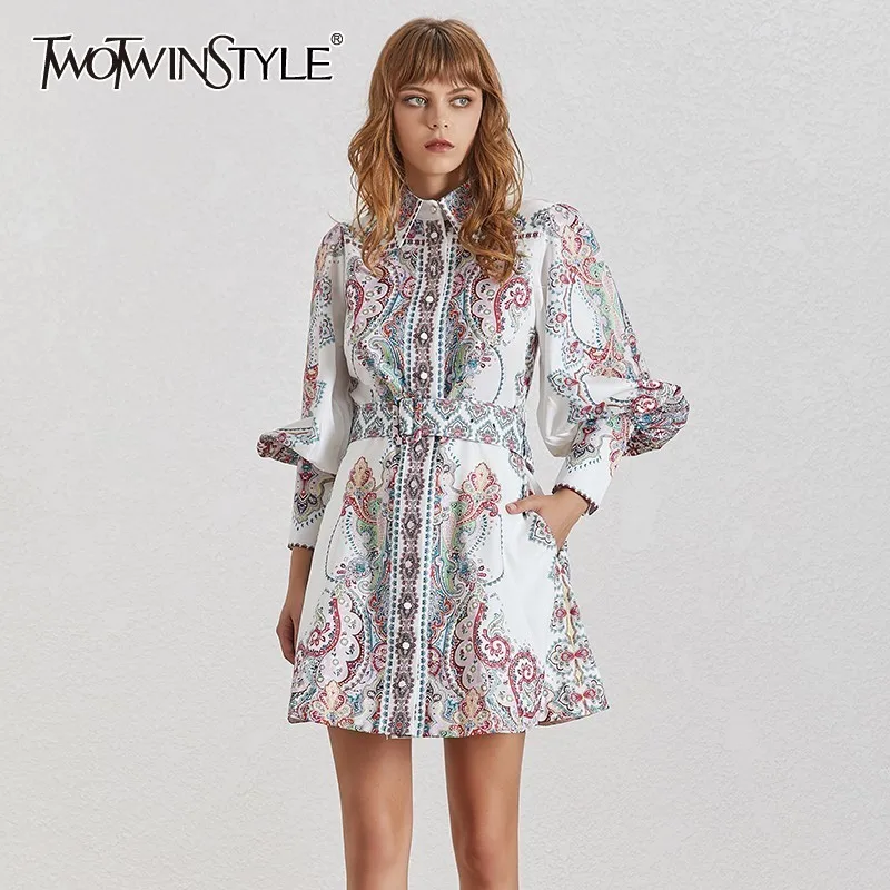 

TWOTWINSTYLE Vintage Print Women Dress Lapel Lantern Sleeve High Waist With Sashes Button Mini Dresses Female Fashion Summer