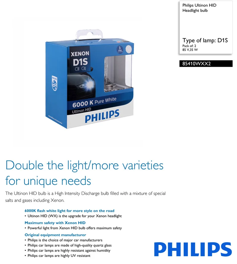 Philips Ultinon HID D1S 85410WXX2 35W 6000K холодный белый светильник ксенон HID головной светильник автомобильные лампы(двойная упаковка