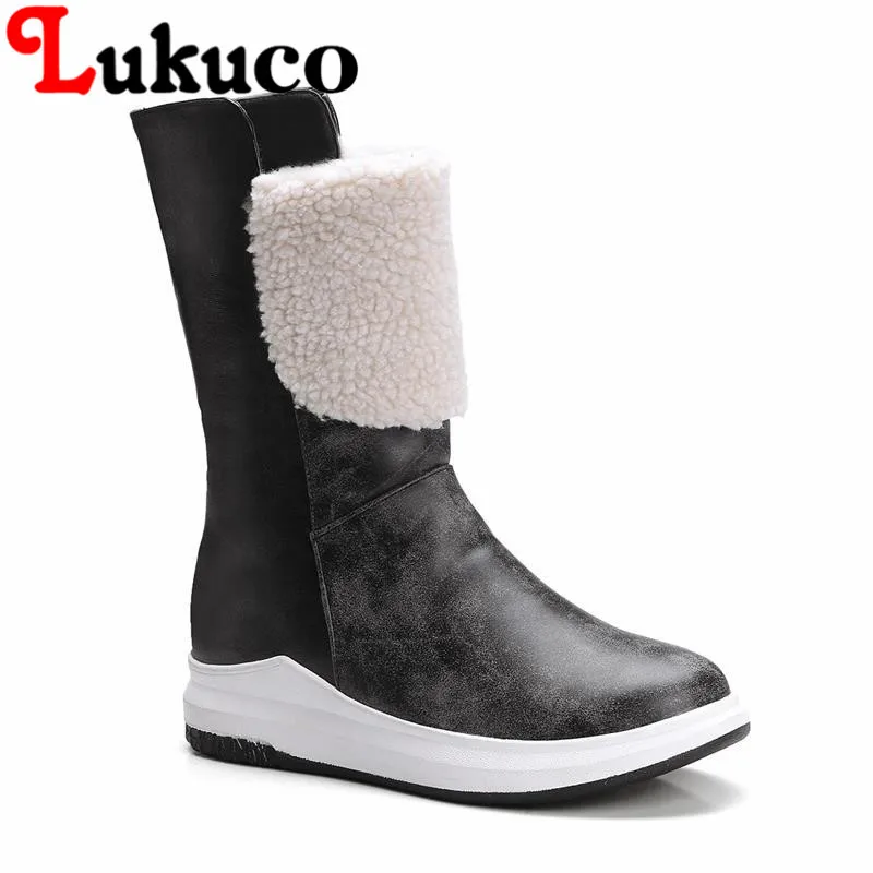 

Lukuco patchwork women wedges heel mid-calf boots PU made faux far design shoes with short plush inside