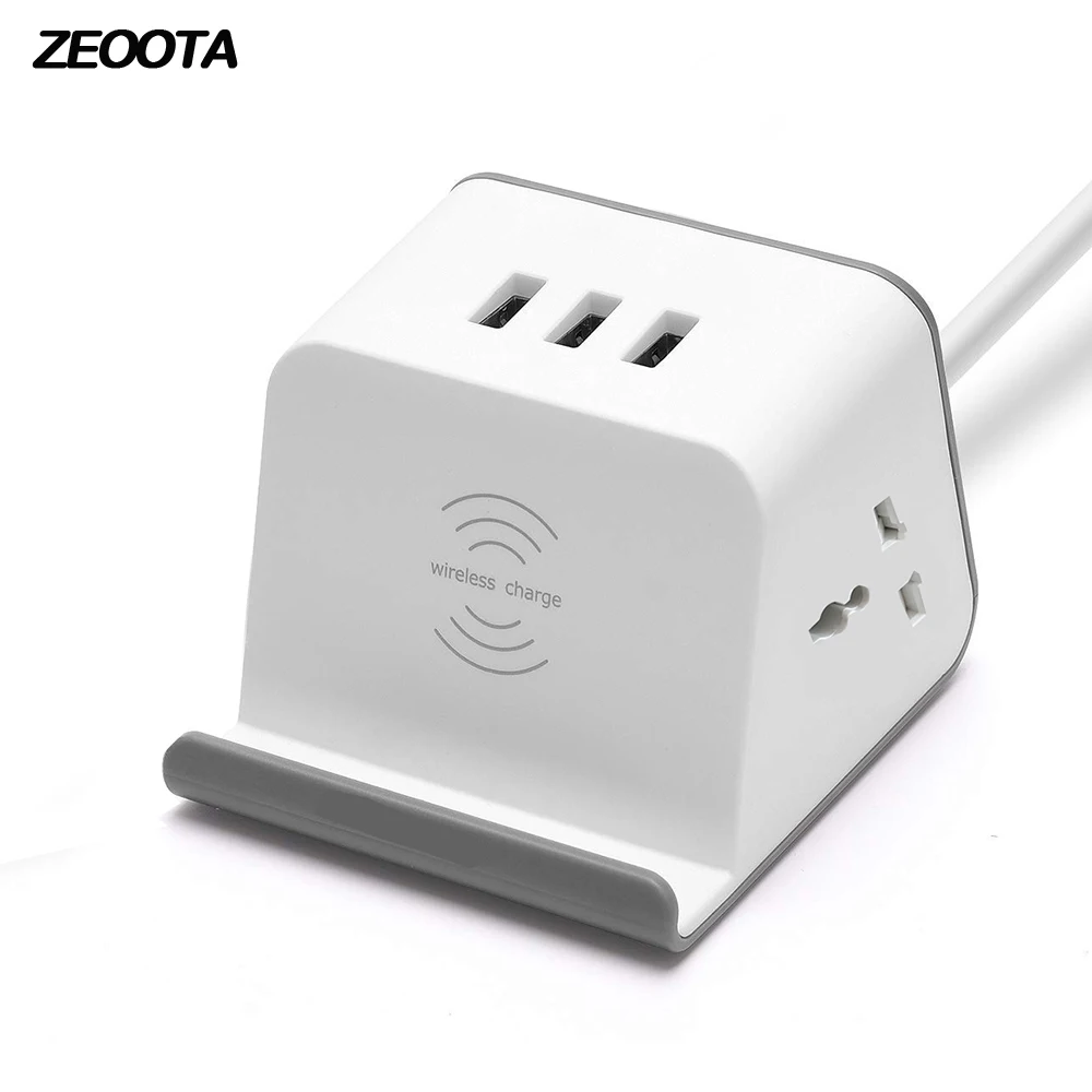 

Mutil Power Strip Surge Protector Desktop Universal Outlet Socket with USB Wireless Charger Phone Holder 1.5m Extension Cord