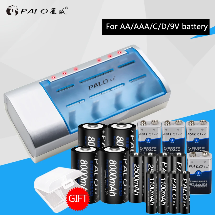 

High Quality Quick Charger forNIMH NICD AA/AAA/C/D/9V Battery With 4x1100AAA+4x2500AA+4x9V300+4x8000D Rechargeable Batteries