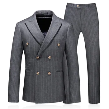 

2019 New High Quality Gentleman Men'S Striped Double-Breasted Suit Three-Piece Wedding Host Party Men'S Elegant Luxury Suit