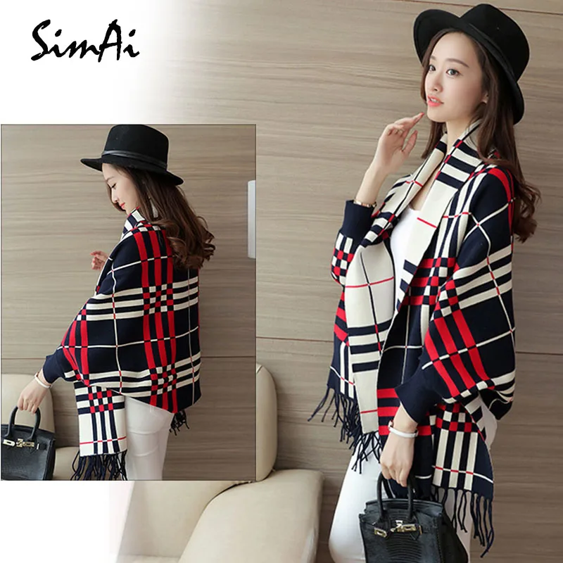 SimAi 2018 autumn and winter new style knitted shawl large loose sleeves sweater.Loose coat Tops |