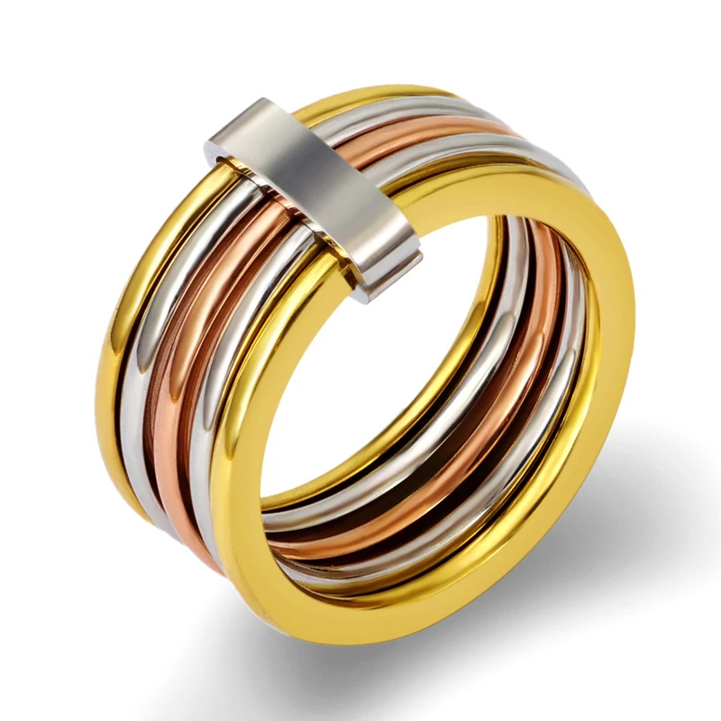 

Fashion 361L Stainless Steel Five Circles Round Charm Rings Rose Gold Silver Rings Trendy Women Party Midi Ring Custom Wholesale