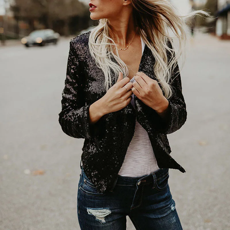 

Women's Long Sleeve Sequined Irregular Cardigan Tops Coat Jacket Outerwear Shiny