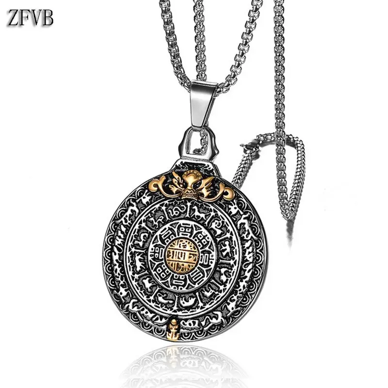 

ZFVB Religion Zodiac Signs Necklace Men's Chain Stainless Steel Vintage Round Lion Pendant Necklaces Silver Jewelry For Male