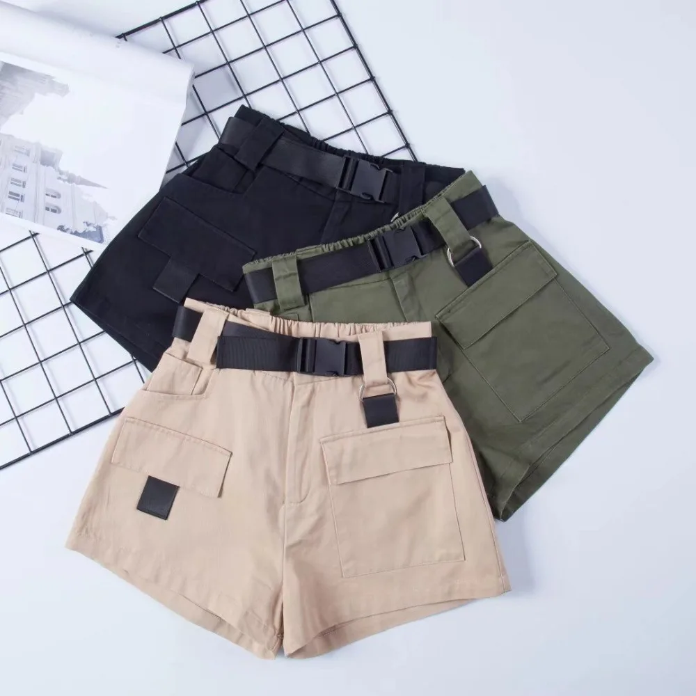 biker shorts women Cargo Shorts WIth Black Waist Sashes Ladies Summer Short Casual Cotton Shorts Women High Waisted Straight Shorts Solid Zipper running shorts