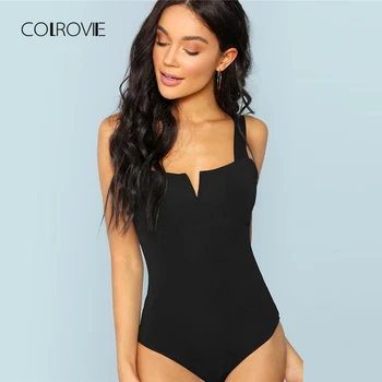 

COLROVIE Black Casual Solid V-Cut Front Skinny Tee Sexy Bodysuit Women Autumn Office Lady Straps Basic Female Bodysuits