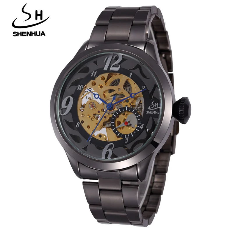 

New Men Mechanical Watches Brand Logo SHENHUA Steampunk Black Skeleton Mechanical Watches Metal Alloy Automatic Self Wind Watch