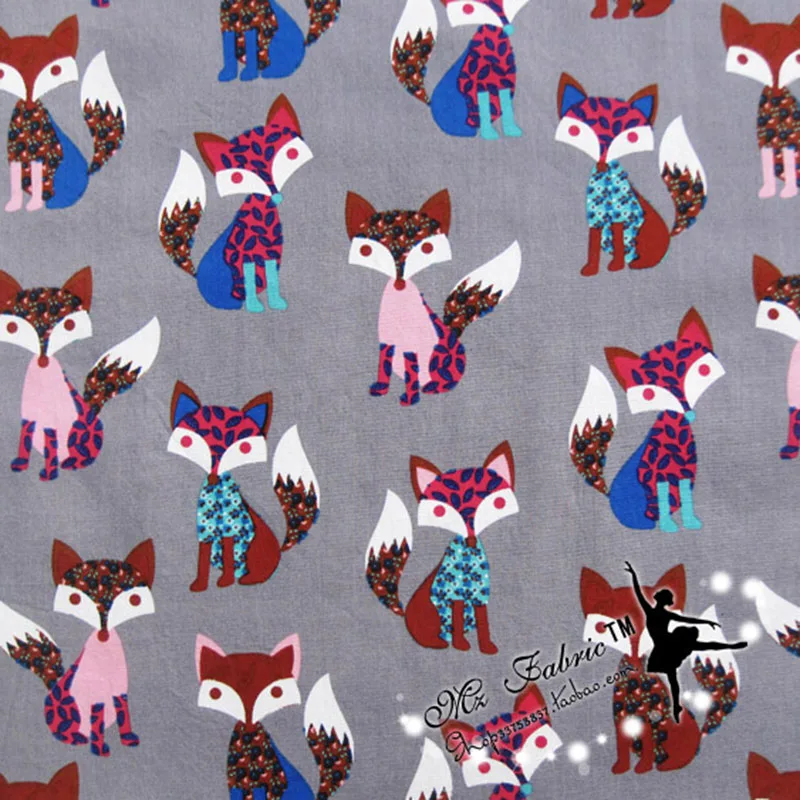 

Wide 145cm Grey Poplin Fabric 100% Cotton Fabric Patchwork Colourful Fox Printed Fabric For Diy Sewing Fashion Dress Clothing