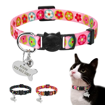 

Quick Release Cat Collar ID Tag Set Dog Cat Collars Flower Printed Personalized Collars For Cat Small Dog Puppy