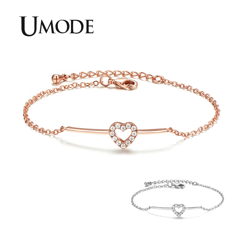 Женский браслет из розового и белого золота UMODE с полым сердцем стразами фианита