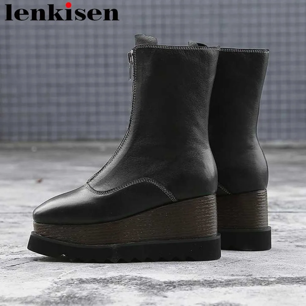 

Lenkisen high quality sheep leather solid featured square toe high wedges bottom platform zipper runway model mid-calf boots lt3
