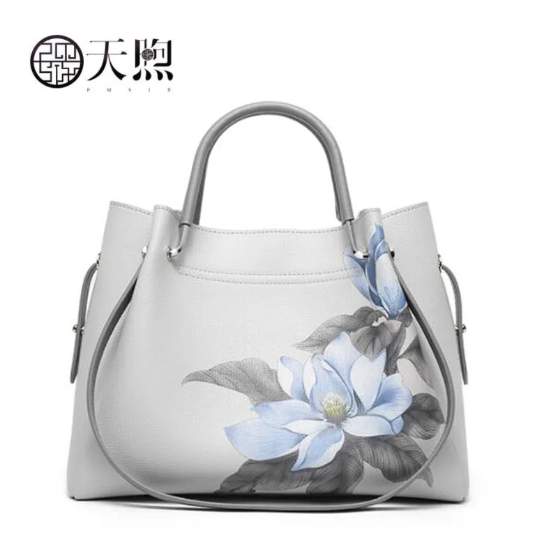 New cowhide luxury leather printing designer women Leather bag big capacity women shoulder crossbody bags for women gray bag - Color: Gray