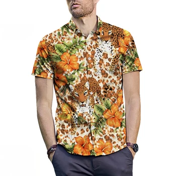

2020 Men's Sleeve Short Hawaiian Shirt Summer Smooth Tiger Men Leisure Beach Hawaii Shirts Fit Slim Male Blouse Summer Tops