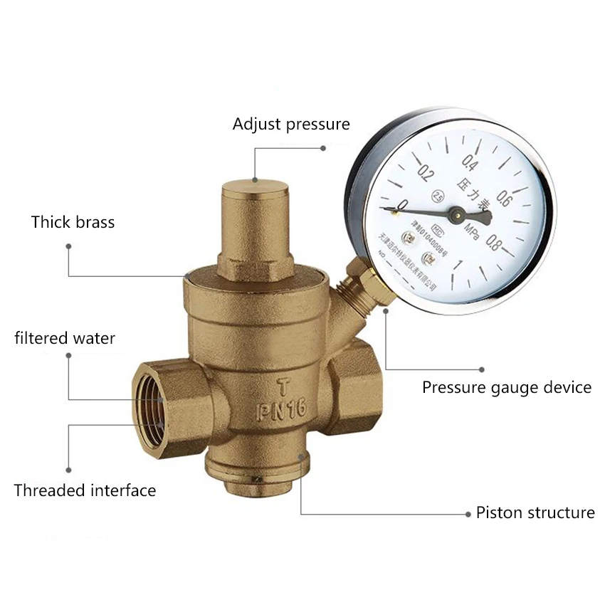 DN15 Регулируемый латунный редукционный регулятор давления воды клапан внутренняя и внешняя резьба PN 1,6 и манометр