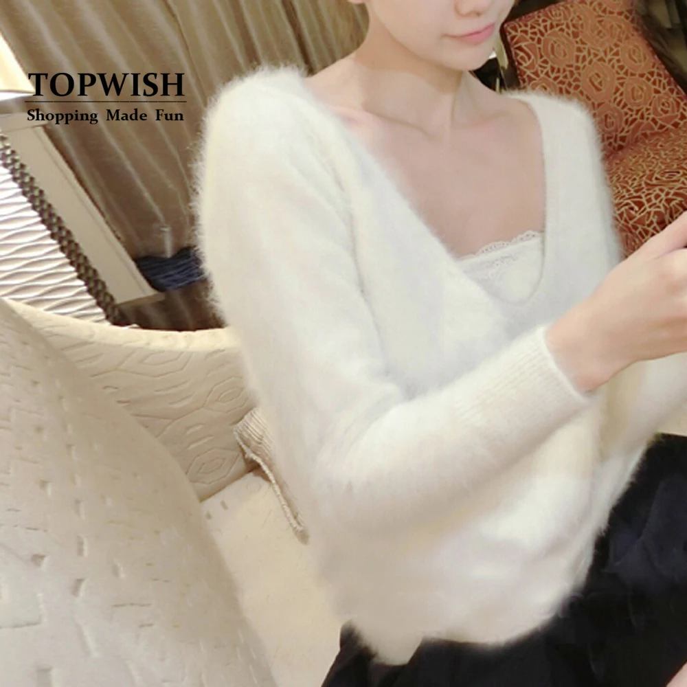 

New Arrival Real Mink Cashmere Fur Sweaters Women Factory Mink Cashmere Pullovers V neck Wholesale Custom Coat TFP854