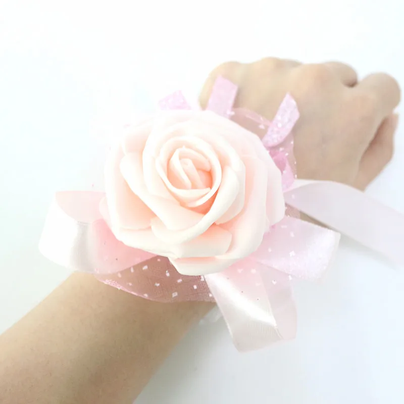  Flone Artificial Rose Flower Wedding Wrist Flower Hot Pink Bridesmaid Silk Corsage Hand Flowers Wedding Party Decor Floral (6)