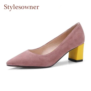 

Stylesowner Pink Suede Leather Pumps Women Pointed Toe Mixed Color High Heel Shoes Fashion Concise Style Ladies Dress Party Shoe
