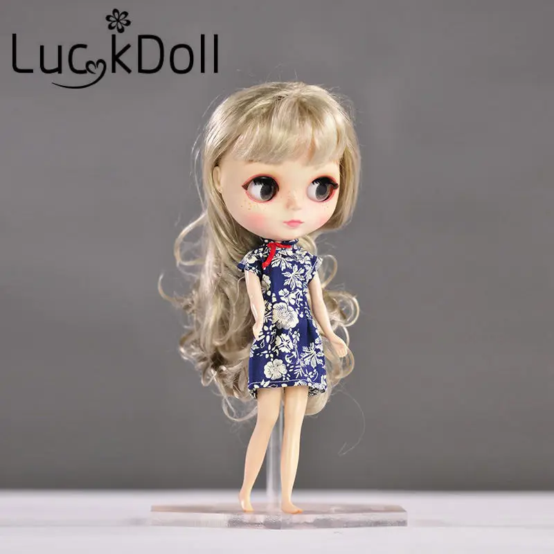 LUCKDOLL платье без рукавов с цветочным принтом синее Чонсам для Blyth одежда кукла 1/6
