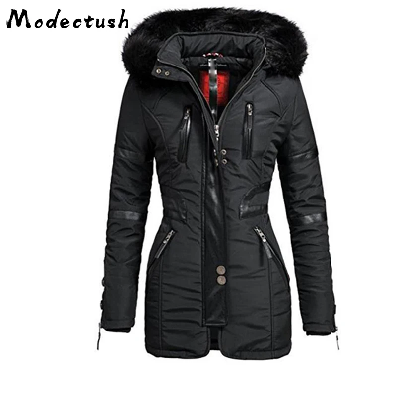 

Modecrush Long Sleeve Hooded Mid-Length Women's Jacket 2019 Winter Long Female Warm Thicken Hooded Faux Fur Parka Outwear Coat