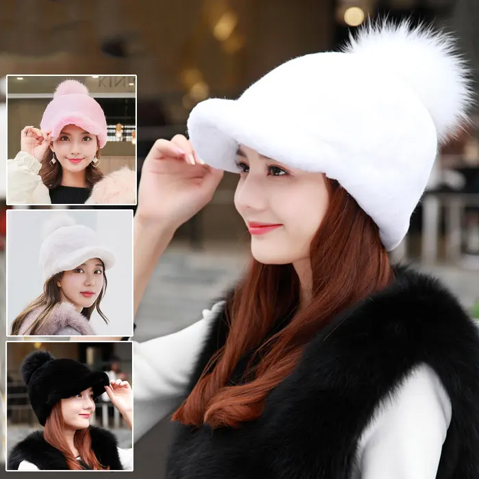 

New Mink Fur Woven Fur Hat Earmuff Ball Winter Warm Sweet Cute Fur Cap