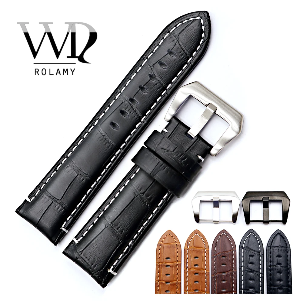 

Rolamy 22 24mm Watch Band Strap For Panerai Real Leather Handmade Thick Replacement Wrist Watchband Strap Belt With Screw Buckle
