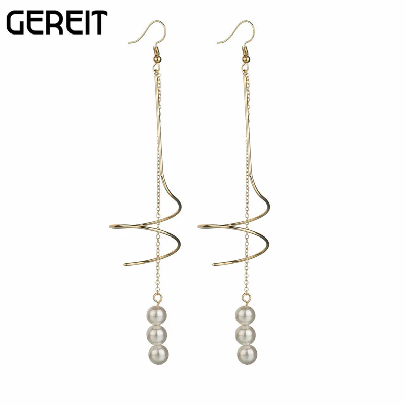 Classical Kpop Accessories Silver Gold Long Earrings Pearl Wrap Spiral Drop For Women Summer 2018 DropShipping | Украшения и