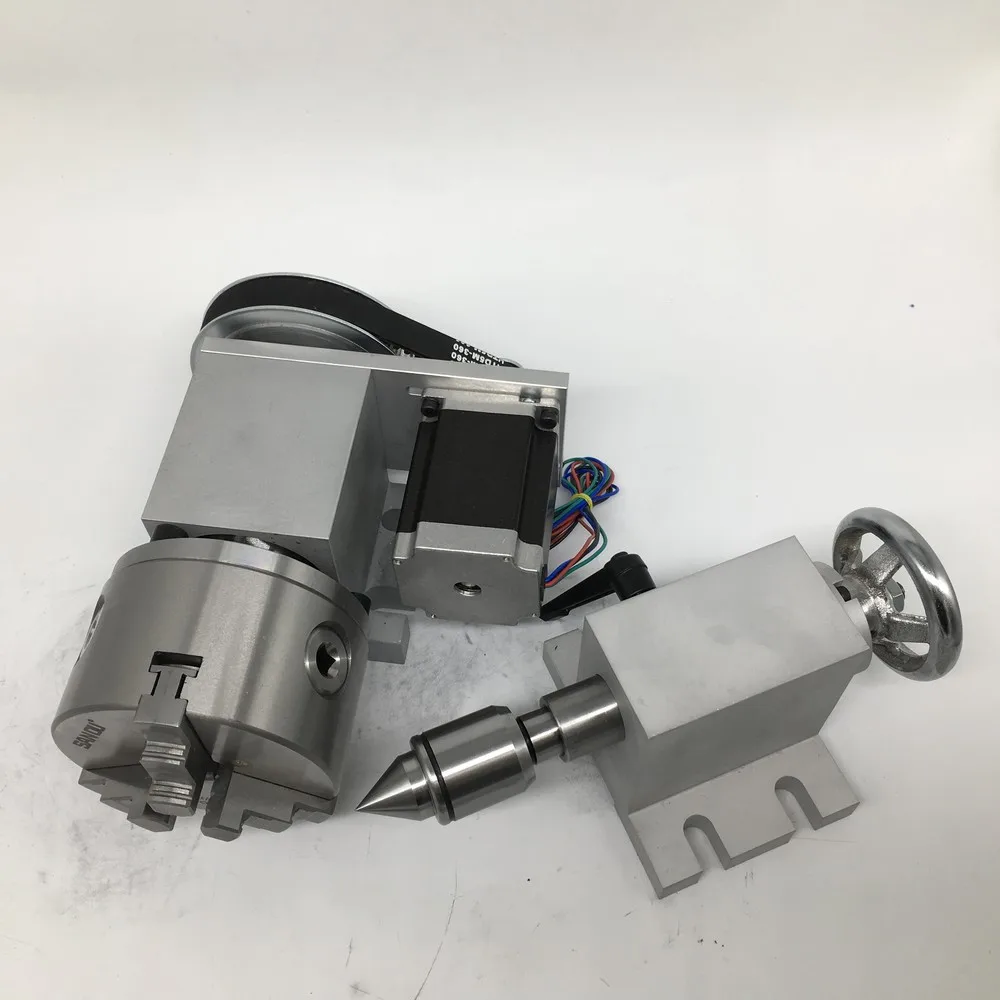 

4 Axis rotation A Axis Extend Rotary 4 Jaw 80mm K12-80 Chuck and Nema23 stepper motor MT2 Tailstock for wood CNC Milling Router