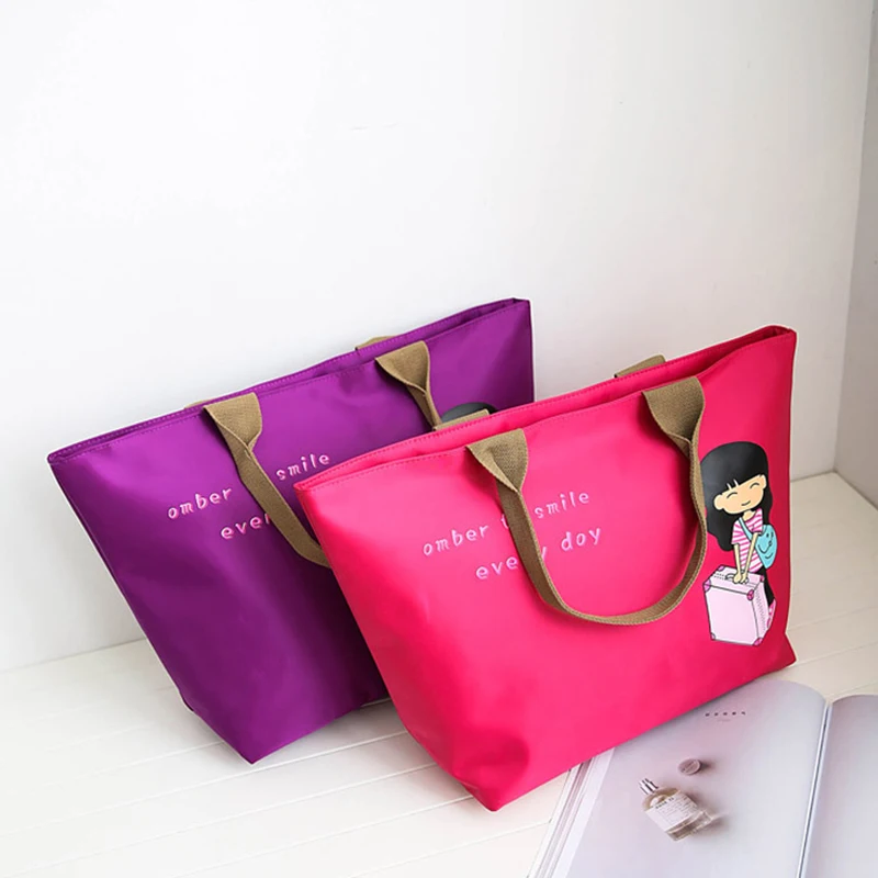 

5PCS / LOT Nylon Shopping Bag Beach Lovely Girl Printing Single Shoulder Bag Tote Bag Reusable Fashion Women Handbags